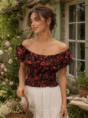 Haute Project Floral Smocked Ruffle Cottagecore Whimsigoth Crop Top Size M